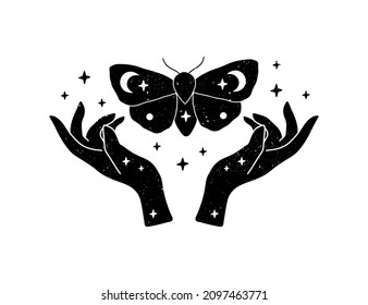 Celestial vector iilustration. Black mystical witch hands with butterfly isolated on white. Hand drawn boho poster. Luna moth symbol. Concept for t shirt print, magic card, tag, logo