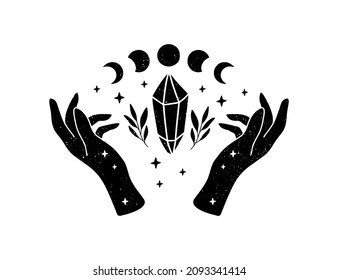 Celestial Vector Iilustration. Mystical Witch Hands, Floral Crystal, Moon Phases. Hand Drawn Boho Poster. Astrology, Esoteric, Spiritual Symbol. Wicca Occult Concept For T Shirt Print, Magic Card