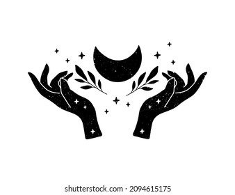 Celestial vector iilustration. Mystical witch hands, moon, floral. Black hand drawn boho poster. Astrology, esoteric, spiritual symbol. Wicca occult concept for t shirt print, magic card, logo.