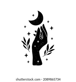 Celestial vector iilustration. Mystical witchy woman hand with floral moon, stars. Esoteric spiritual symbol. Wicca occult concept for alchemy t shirt print, magic card, boho poster.