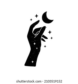 Celestial vector illustration. Mystical witchy woman hand with moon, stars. Esoteric spiritual symbol on white backrgound. Wicca occult concept for alchemy t shirt print, magic card, boho poster, logo