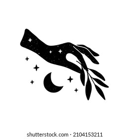 Celestial vector illustration. Mystical witchy woman hand with moon, stars. Esoteric spiritual symbol on white background. Wicca occult concept for alchemy t shirt print, magic card, boho poster, logo