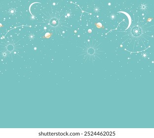 A celestial vector illustration with stars, constellations, planets, and crescent moons on a soft teal background. Ideal for cosmic themes, dreamy designs, or astronomy concepts.