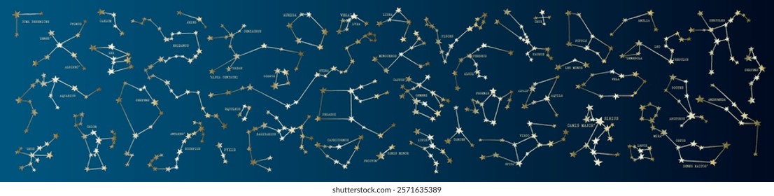 Celestial vector map of the night sky with the names of stars and constellations on a dark blue gradient background. Includes Orion, Sirius, Lyra, Centaurus, Pegasus, Virgo, Phoenix, Crux and other.