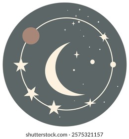 Celestial vector with moon, stars, orbits, starburst, and planet shapes in charcoal gray, off-white, and warm taupe, fit for wall art, branding, and digital decor