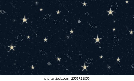 A celestial vector pattern of glowing stars, planets, and comets scattered in a deep navy sky, perfect for space-themed designs, wallpapers, and digital art projects.