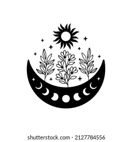 Celestial vector poster. Moon phases with wildflower, sun illustration. Modern art with floral moon. Hand-drawn boho decor. T shirt print, bohemian poster, witch sticker.