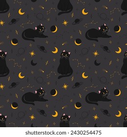 Vector celestial patrón sin fisuras con gatos y estrellas sobre fondo negro. Estilo de dibujos animados. Diseño de impresión para textil, tela, papel pintado, envoltura, ropa, lino.