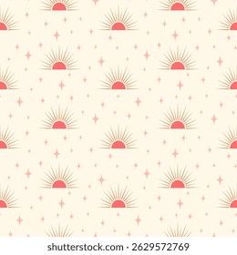 Celestial vector seamless pattern. Pink sunset half sun shapes and scattered stars on light cream off-white background. Neutral boho sunshine and sparkles repeat design for nursery decoration, fabric