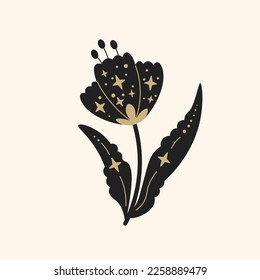 Celestial vintage flower with stars. Decorative vintage flower. Cute boho tulip with black and gold colors on beige background