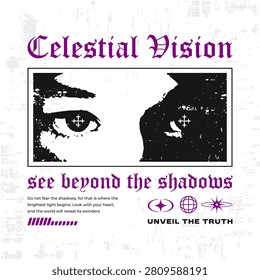 Celestial Vision Gothic Streetwear Graphic with Mystic Eyes and Grunge Texture