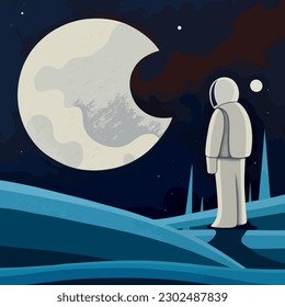 Celestial voyage, Abstract hand-drawn illustration of an astronaut embarking on a cosmic journey through the mesmerizing and enigmatic realm of Moon