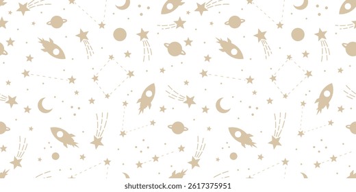Celestial warm neutral beige and white fast rocket ships galaxy seamless pattern with stars, vector wallpaper design