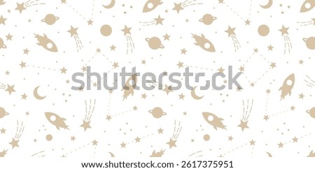 Celestial warm neutral beige and white fast rocket ships galaxy seamless pattern with stars, vector wallpaper design