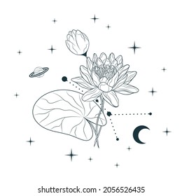 Celestial water lily. Vector illustration with geometrical and spiritual plant, stars and moon for greeting cards and invitations. 