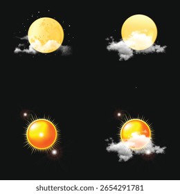Conjunto de ícone meteorológico celestial. Lua cheia realista e sol brilhante com nuvens para o dia e a noite previsão.