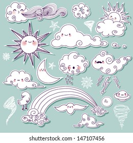 Celestial and Weather Icons - Hand drawn cutouts of celestial and weather symbols, including Sun, Moon, Saturn, rainbow, stars, wind and clouds