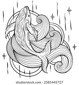 Celestial whale. Mystical animal with waves and stars. Esoteric magic symbol. Vector illustrations in hand drawn sketch style isolated on white. Black outline graphic. Coloring book page underwater