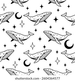 Celestial Whale Pattern with Crescent Moon and Stars 