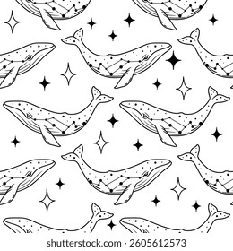 Celestial Whale Pattern with Crescent Moon and Stars 