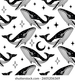 Celestial Whale Pattern with Stars and Moon, Vector Illustration Pattern Background