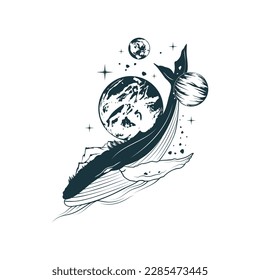 Celestial whale with a planet on its back. Mystical hand drawn vector illustration isolated on white for greeting card, tattoo, poster.