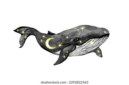 Celestial whale with stars, moon  and constellations. Watercolor vector night space design, magic  illustration for decorative fantasy tattoo