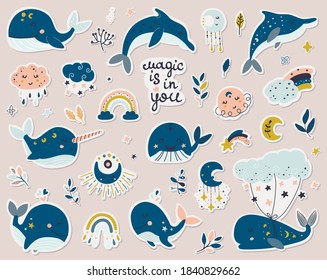 Celestial whales, dolphins and narwhal stickers collection. Vector illustration for cards, scrapbooking