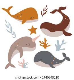 Celestial whales isolated on white background. Boho set for scrapbooking, stickers, decoration, nursery, greeting card, posters