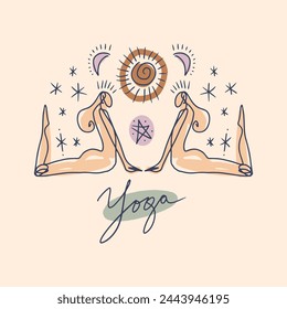 Celestial caprichosa mística línea divina yoga mujeres Vector Clipart conjunto de ilustración. Boho mujer mágica sagrada asana colección. Silueta de contorno minimalista y superficial. Groovy contorno de diseño de arteCelestial