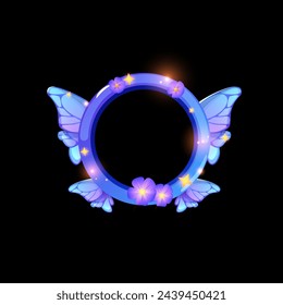 Celestial winged avatar frame. Vector illustration of a mystical blue ring with wings and stars, ideal for fantasy game profiles.