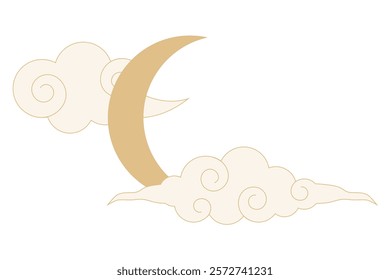 Celestial witch spiritual decoration with asian clouds moon, sun burst. Line astrology element, minimal geometric background.