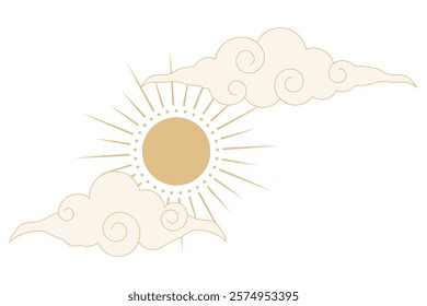 Celestial witch spiritual decoration with asian clouds moon, sun burst. Line astrology element, minimal geometric background.