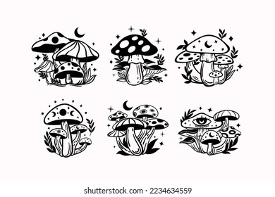 Celestial witchy mushroom with mystical boho elements