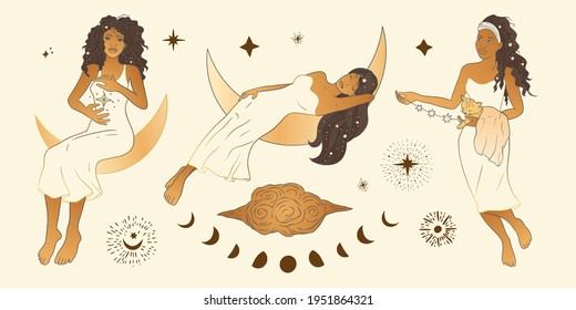 Celestial Woman. African American lady sacred, beauty clipart collection. Astrology boho esoteric moon girl golden art.