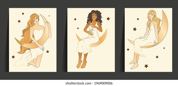 Celestial Woman. African American Lady Sacred, Beauty Card Set. Astrology Boho Esoteric Moon Girl With Cat Golden Art.
