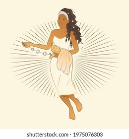 Celestial Woman. African American lady sacred, beauty poster. Astrology boho esoteric moon girl golden art.