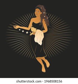 Celestial woman with a cat sacred astrology feminine boho esoteric golden and black black art. Moon and star magic vector.