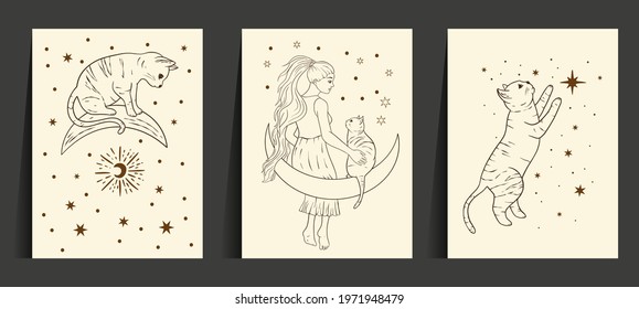 Celestial woman and cat sacred astrology boho line esoteric art. Moon and star magic girl card set.