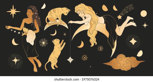 Celestial Woman And Cat Sacred Astrology Feminine Boho Esoteric Golden And Black Black Art. Moon And Star Magic Golden Vector.