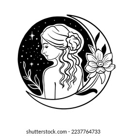 Celestial Woman girl lady and crescent logo. Mysterious portrait lady girl with moon in her hair. Vector hand drawn illustration in boho style,black and white line art. Crescent emblem
