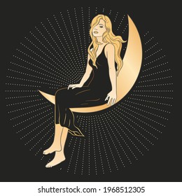 Celestial woman sacred astrology feminine boho esoteric golden and black black card art. Girl on the moon and star magic vector poster.