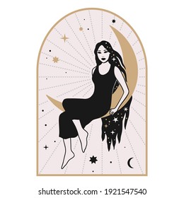 Celestial woman vector illustration with moon and stars. Astrology esoteric boho art. Mystic astronomy girl card. Vintage isolated portrait. 