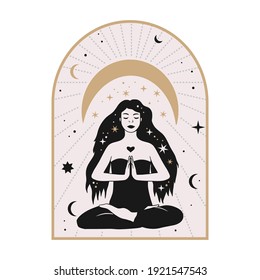Celestial woman vector illustration with moon and stars. Astrology esoteric boho art. Mystic astronomy girl card. Vintage isolated portrait. 