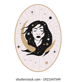 Celestial woman vector illustration with moon and stars. Astrology esoteric boho art. Mystic astronomy girl card. Vintage isolated portrait. 