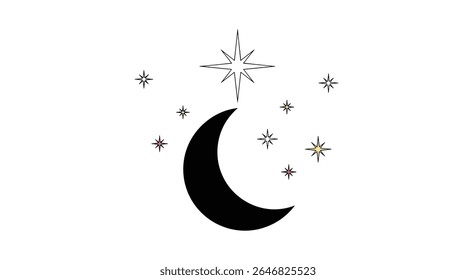 Maravilha Celeste Uma Lua Crescente Adornada Com Estrelas Piscando e uma Luz Guiando Radiante Acima no Céu Noturno