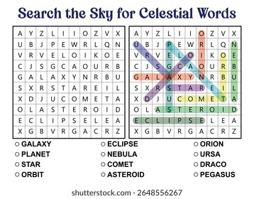 Um quebra-cabeça de busca de palavras celestes com palavras destacadas como Galaxy, Comet, Asteroid e Eclipse, apresentando uma lista de palavras com temas espaciais a serem encontradas.