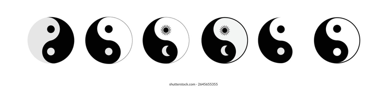 Conjunto de símbolos de ícone Yin Yang celestial - Sun Moon Balance preto e branco Vetor Pack

