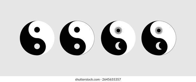 Conjunto de símbolos de ícone Yin Yang celestial - Sun Moon Balance preto e branco Vetor Pack

