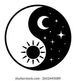 Celestial Yin-Yang Sun, Moon, and Stars Balance Icon for Spiritual Decor Day and Night